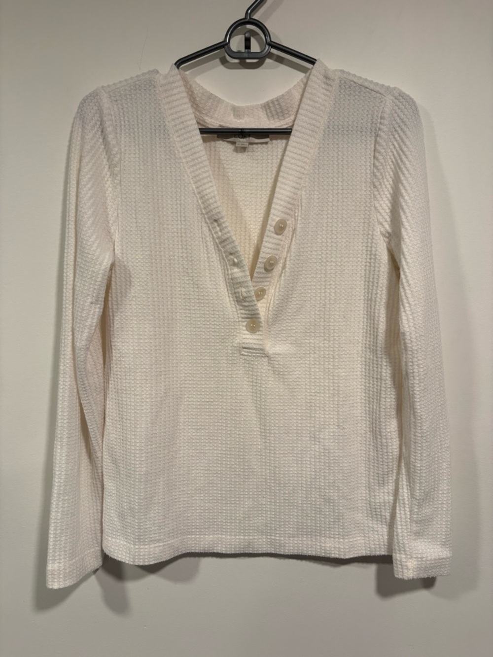 LOFT Cream Waffle-Knit Long Sleeve Henley